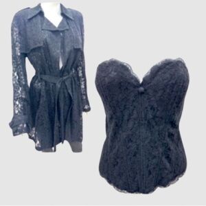 Rare Vintage VICKY TIEL Couture Black Lace Corset Top with Trench Coat